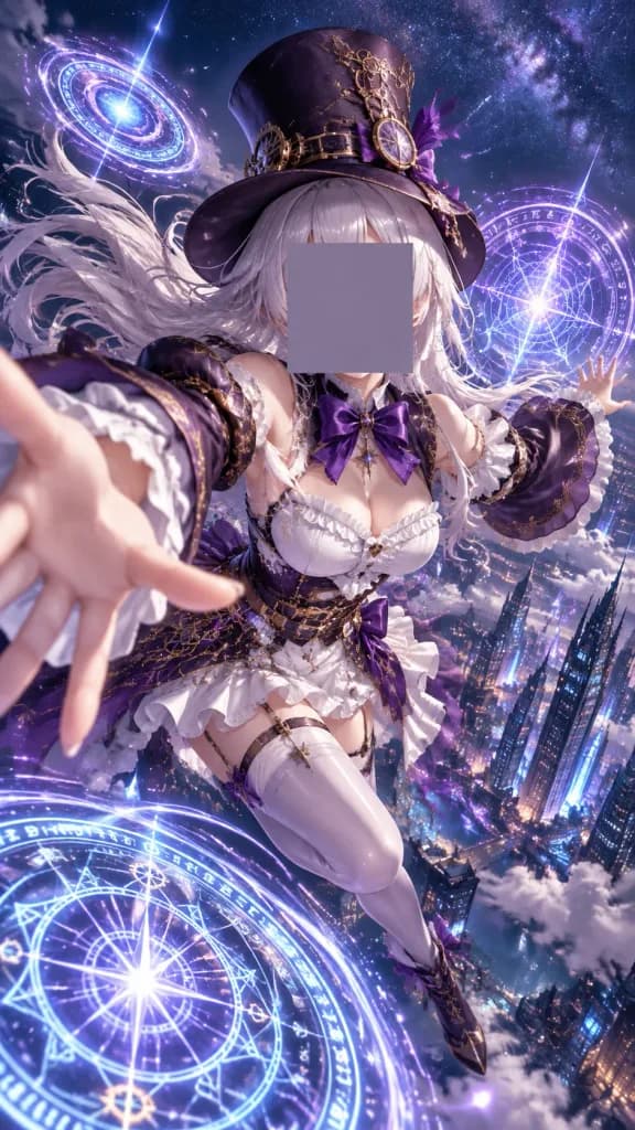 Steampunk Idol Flying Over Neon City