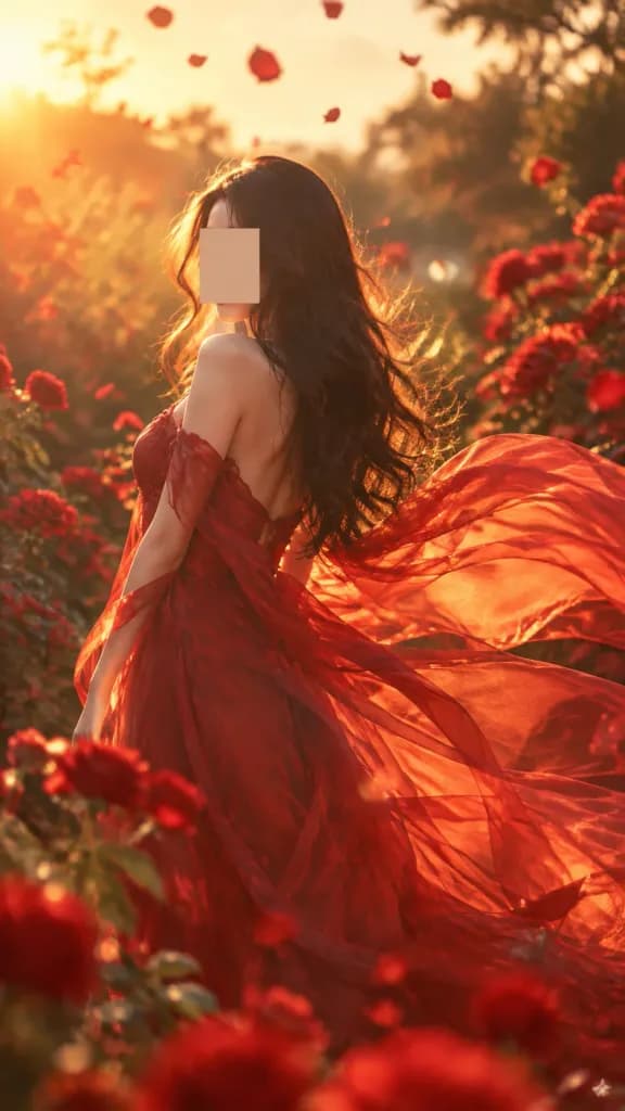Crimson Chiffon Dress in Rose Garden