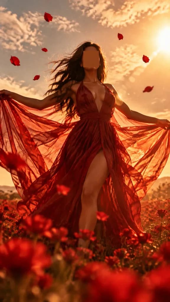 夕暮れの花畑に舞う真紅のドレス