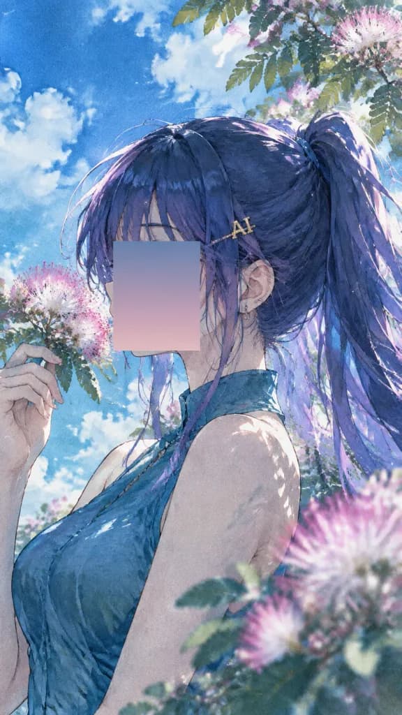 Anime Watercolor Portrait with Silk Tree Blossoms