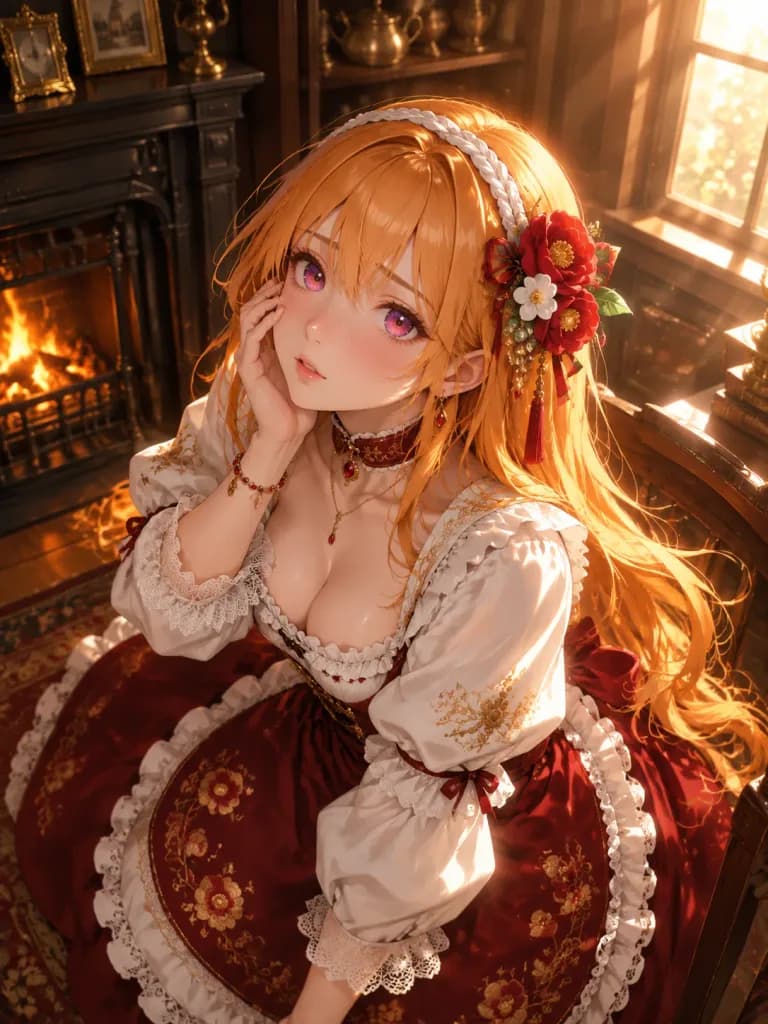 Victorian Anime Maid Beside Fireplace