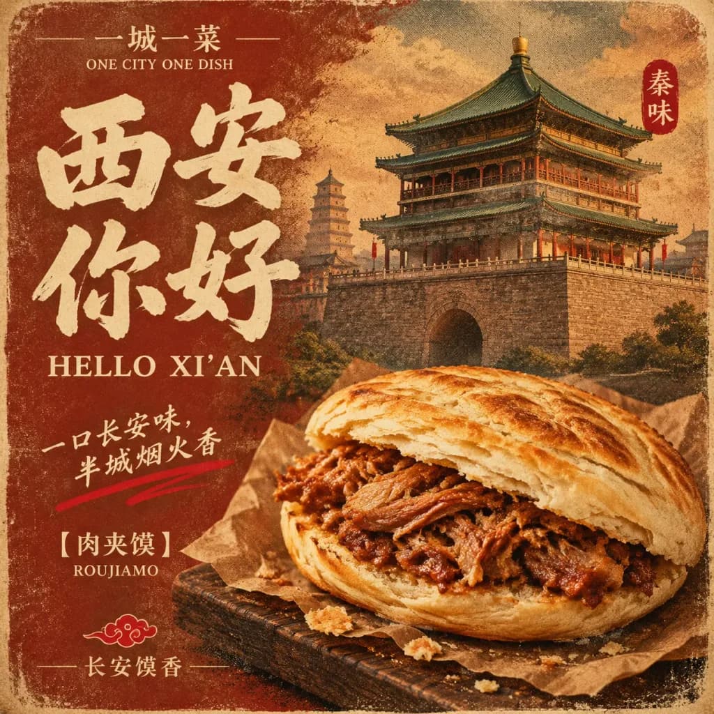 Retro-Reiseplakat für Xi'an und Roujiamo