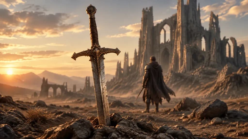 Ornate Fantasy Sword in Desolate Ruins