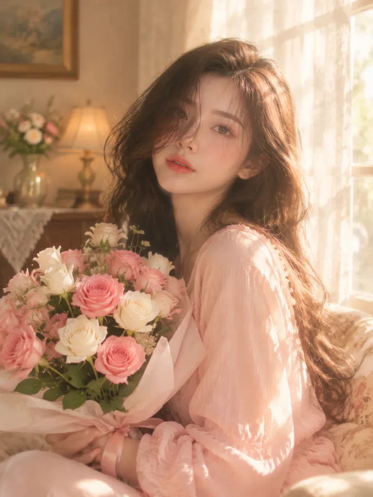 Sunlit Portrait with Rose Bouquet