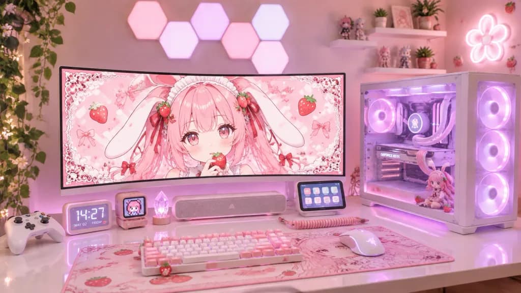 Pastel Pink Kawaii Gaming Desk Setup