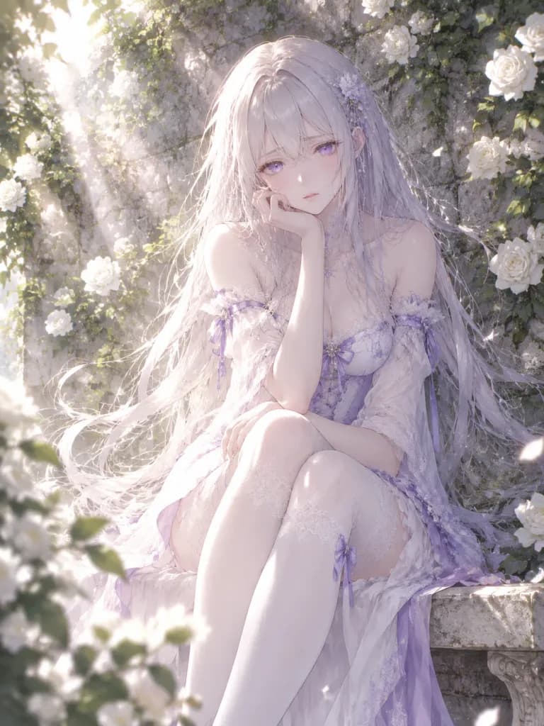 石のベンチの憂いあるアニメ少女