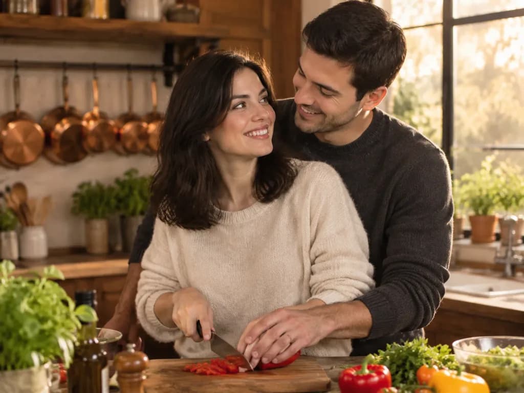 Couple Cooking Dinner in Modern Kitchen