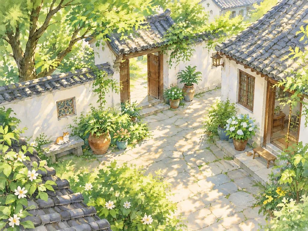 Akwarelowa Ilustracja Letniego Orientalnego Dziedzińca