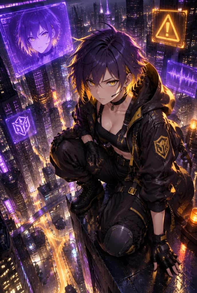 Héroïne Anime Cyberpunk au Bord du Toit