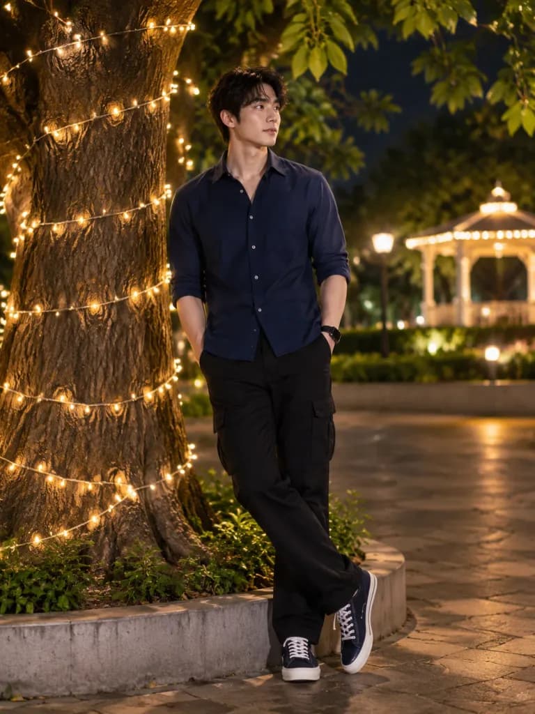 Night Portrait Beside Fairy-Lit Tree