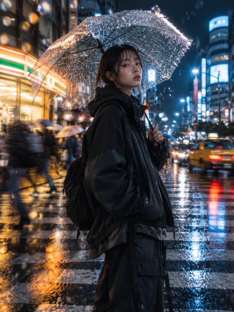 Editorial Callejero en Noche Lluviosa en Tokio