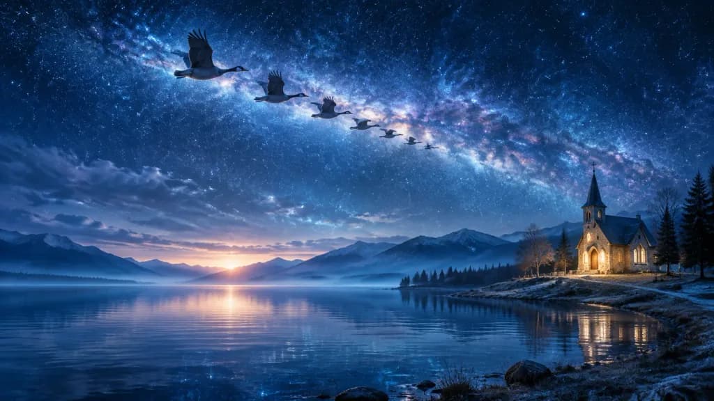 Geese Flying Across Galaxy Dawn