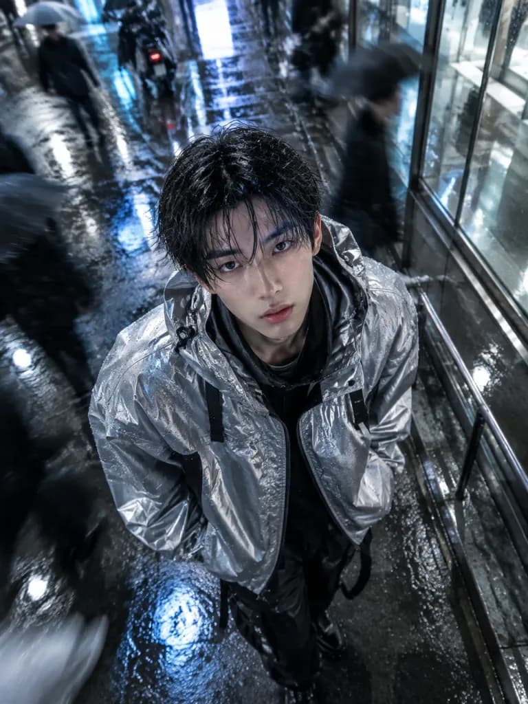 ภาพพอร์ตเทรตสตรีทแวร์เกาหลีมุมสูงยามค่ำคืน