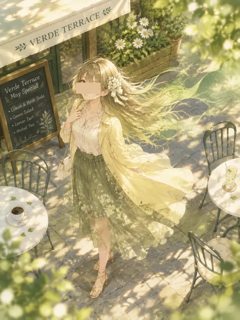 Anime Girl on Windy Café Terrace