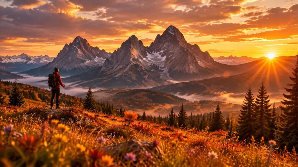 Lone Hiker in Golden Alpine Sunset