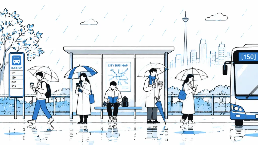 Minimalist Rainy Bus Stop Commute
