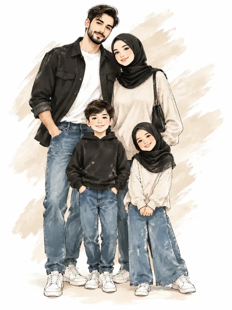 Watercolor and Ink Family Illustration