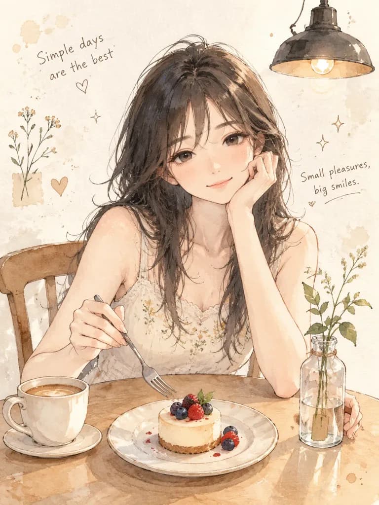 Ilustração em Aquarela e Nanquim de Garota em Café