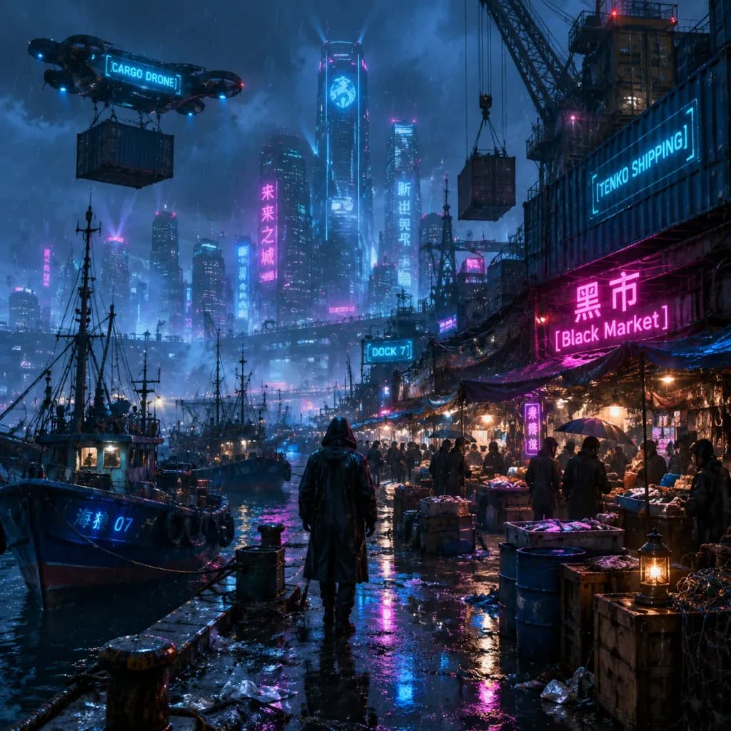 Rainy Cyberpunk Dockside Black Market