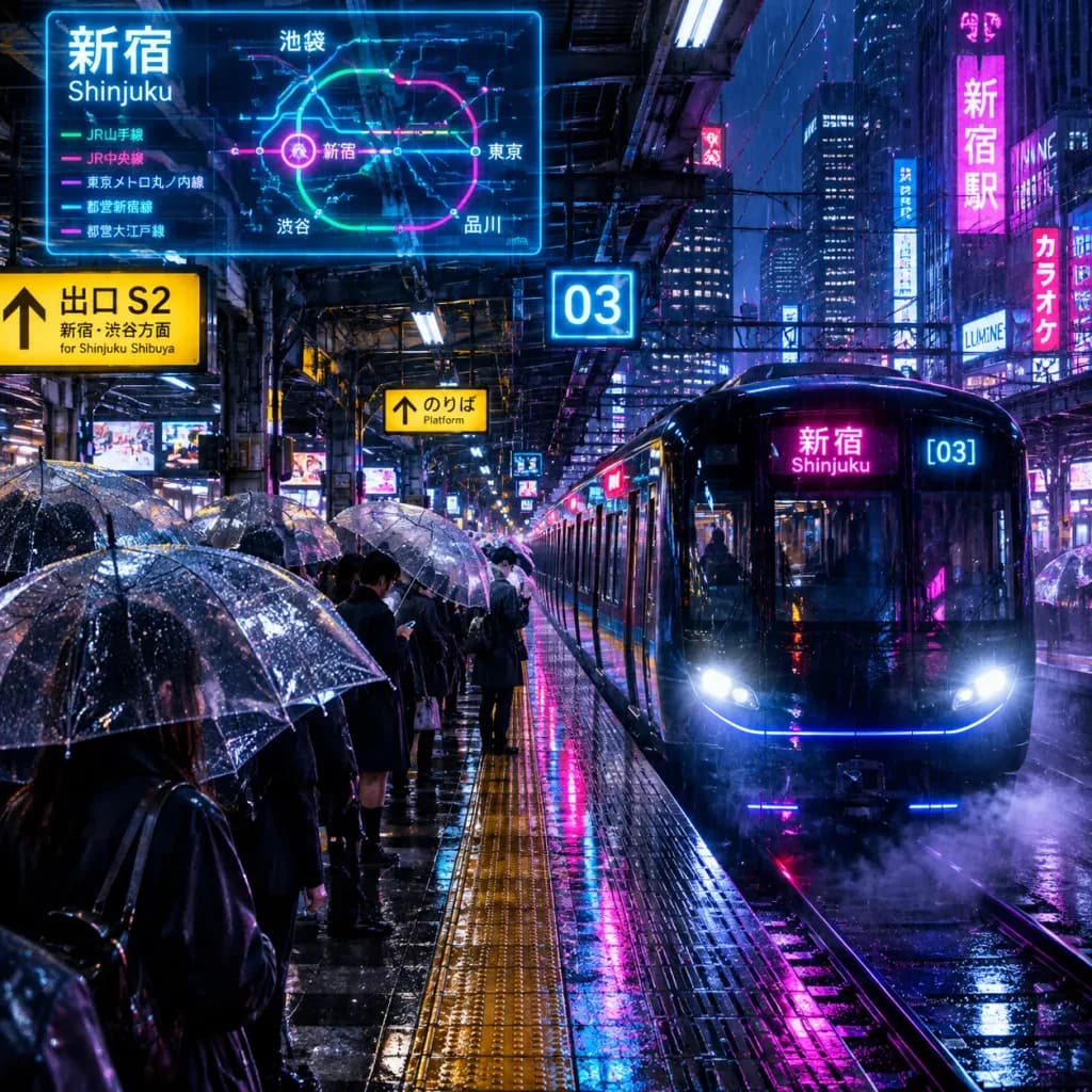 Andén de Tren Cyberpunk Lluvioso en Tokio