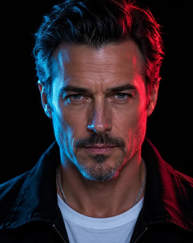 Neo-Noir Neon Split Lighting Portrait