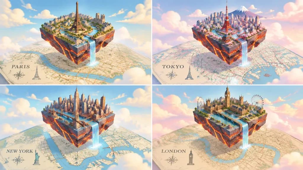 Isometric Damascus Steel Floating Cities