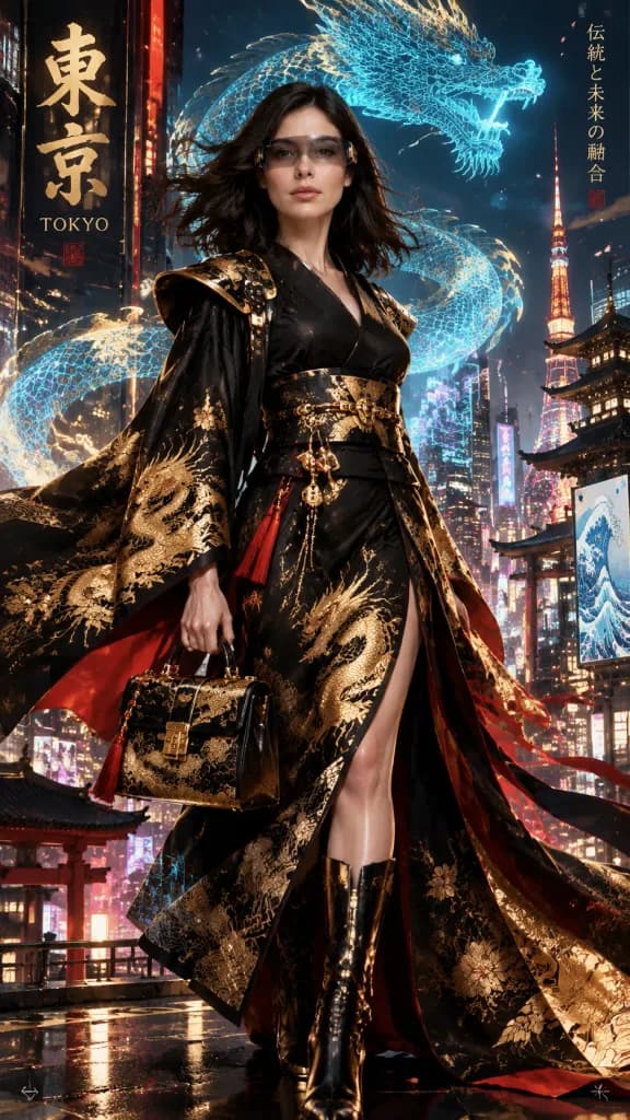 Kimono Haute Couture Cyberpunk sur Rooftop