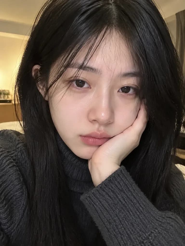 东亚女性高领毛衣自拍肖像