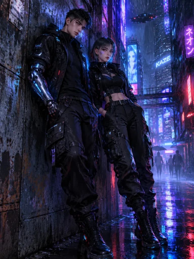 Cyberpunk Couple in Rainy Neon City