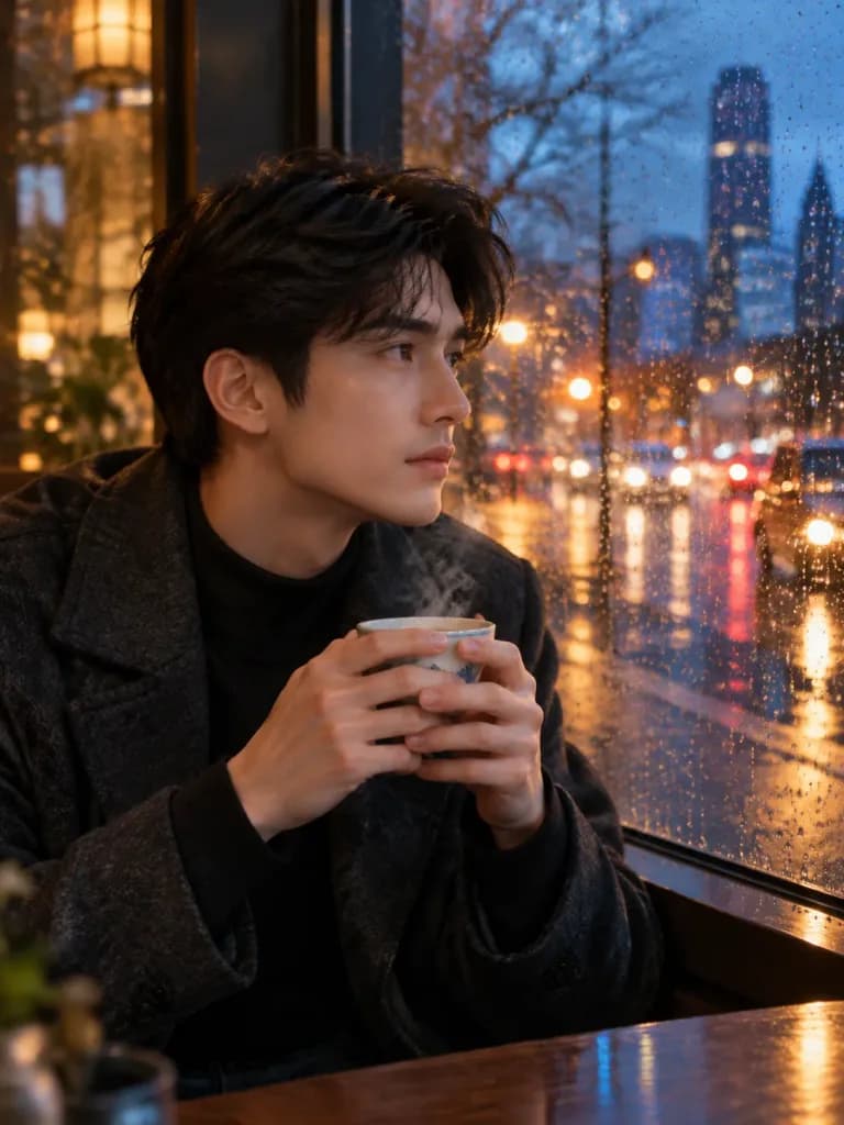 Thoughtful Evening Portrait by Rainy Window