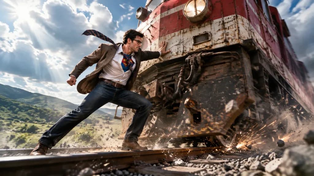 Man Stopping Freight Train with One Arm