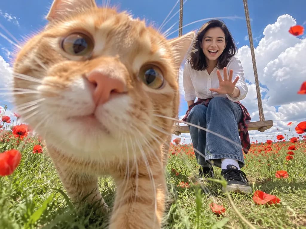 Photobombing Cat in Poppy Field