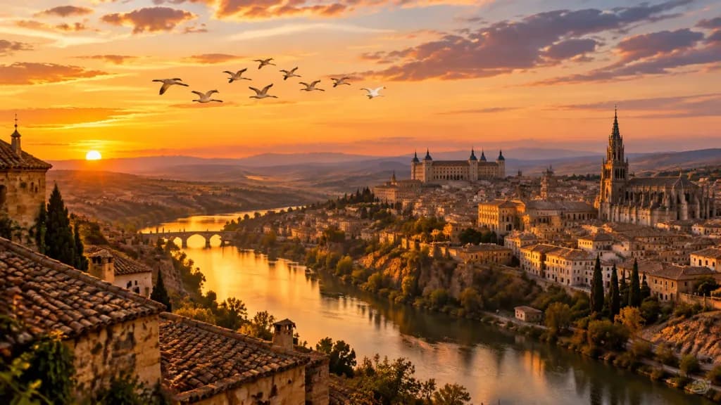 Ancient City Sunset with Migrating Geese