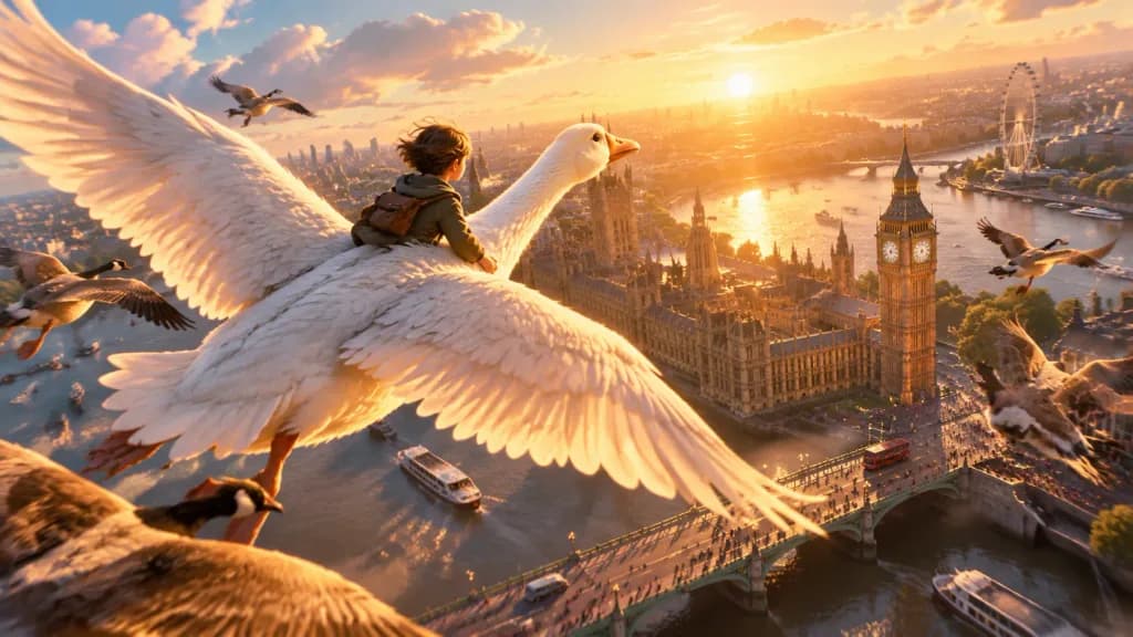 Tiny Figure Riding Goose Over London