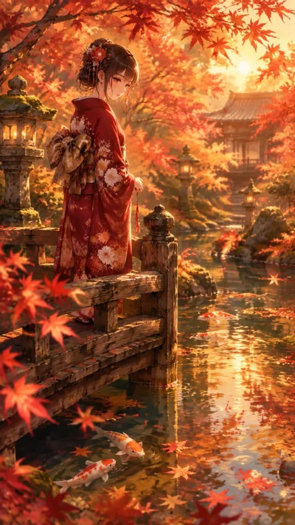 錦鯉の池と秋の着物姿の女性