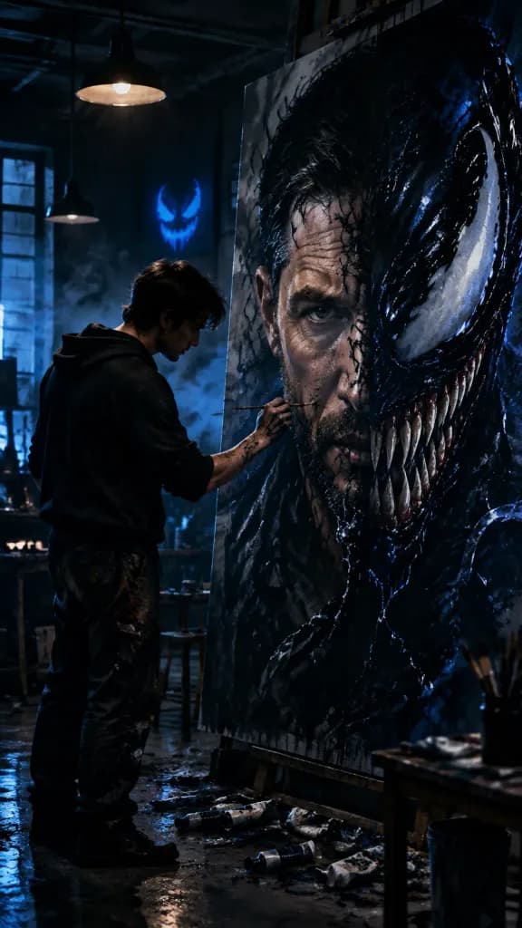 Artist Painting a Giant Symbiote Portrait