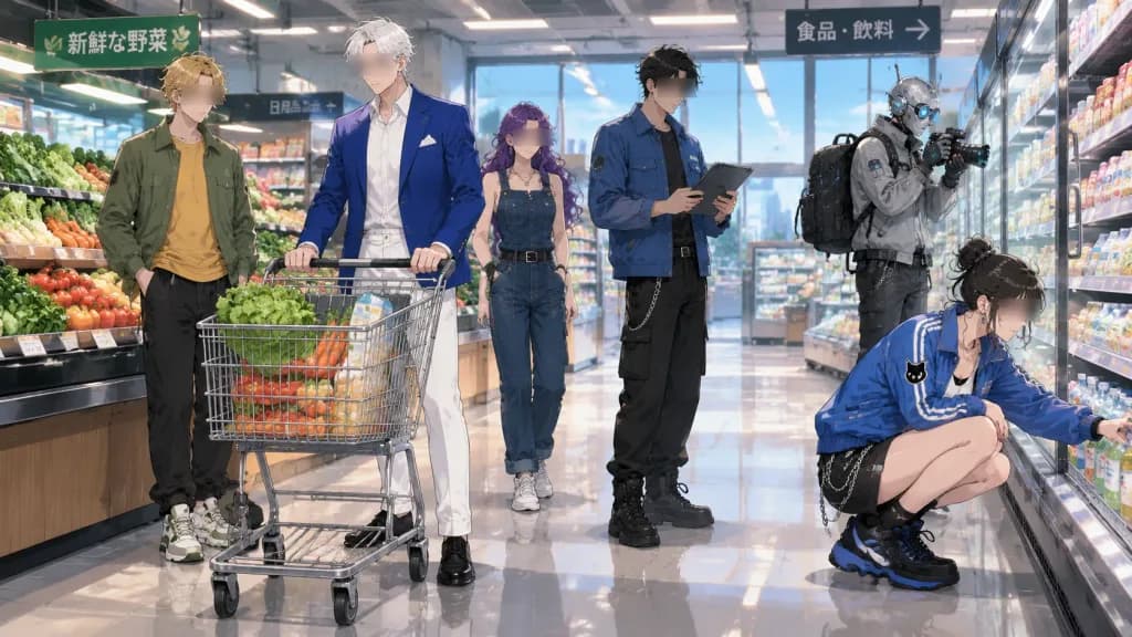 Six Stylish Anime Characters in Supermarket