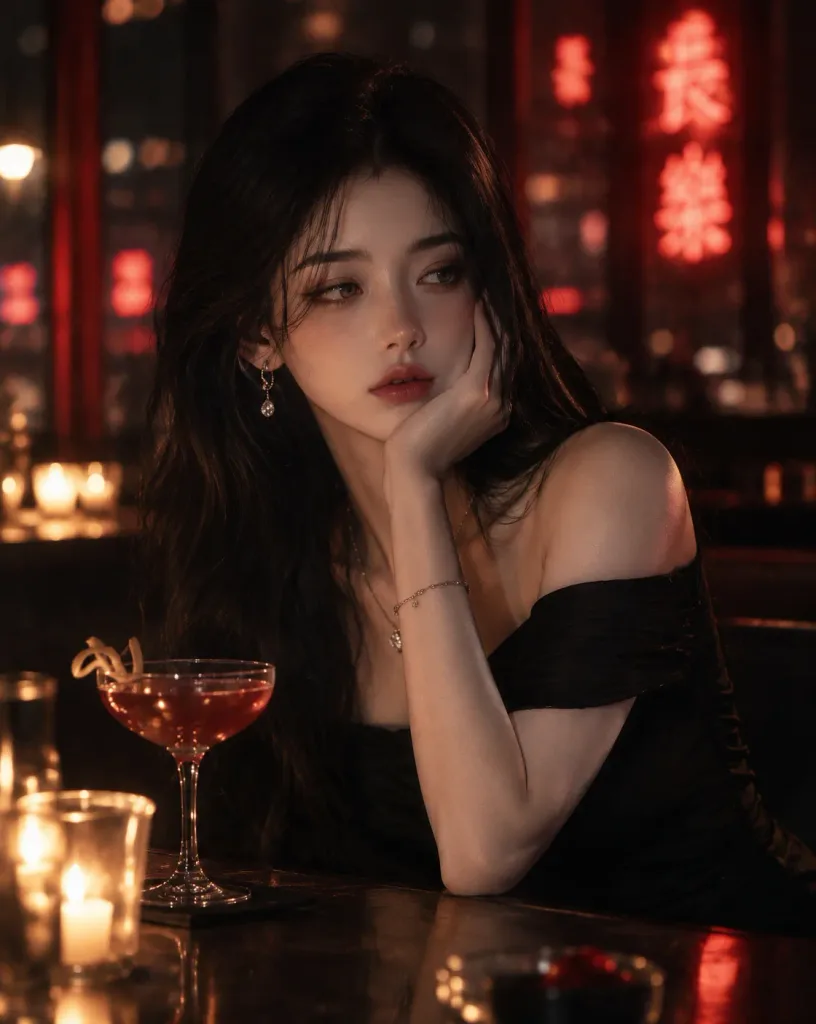 幽暗酒吧中的电影感肖像