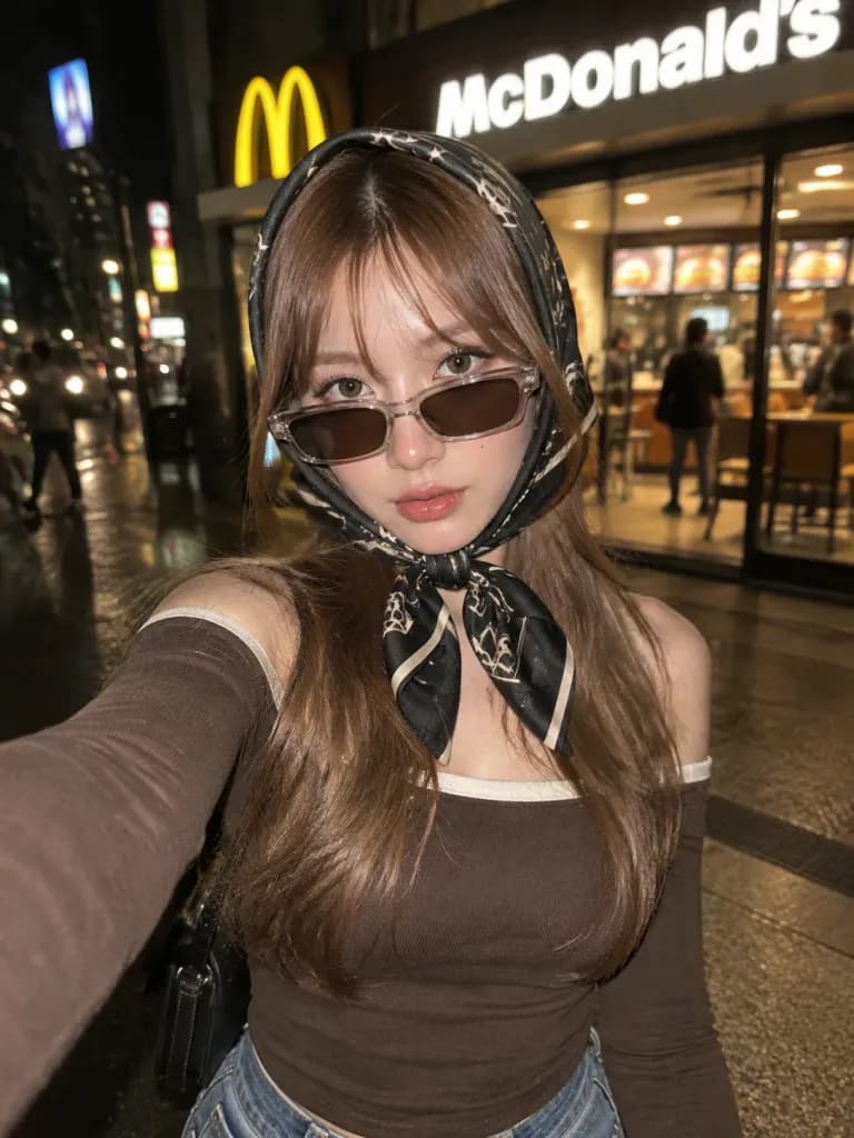 夜のストリートファッション自撮り