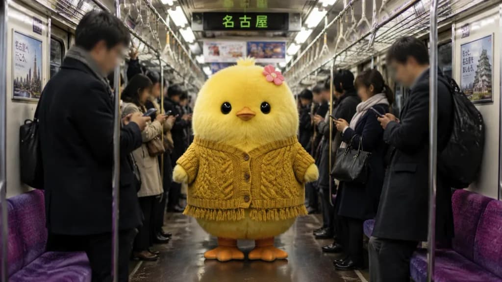 일본 출퇴근 열차 안의 거대 털 인형 마스코트