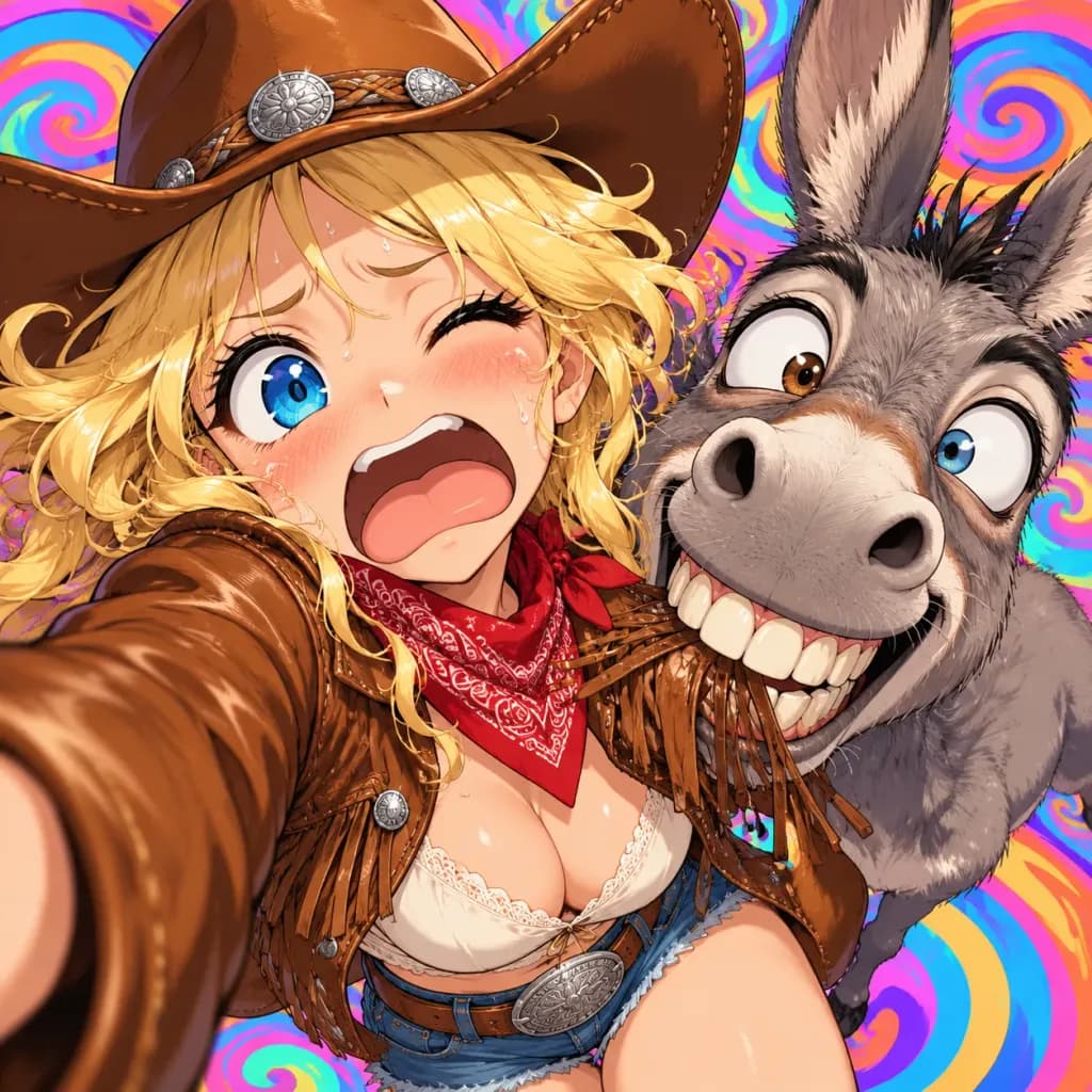 Anime Cowgirl and Mischievous Donkey Selfie