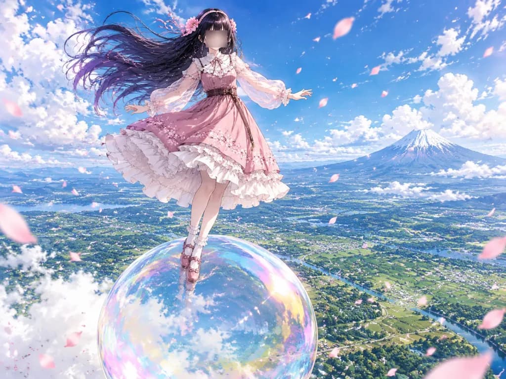 巨大なシャボン玉に乗るアニメ少女