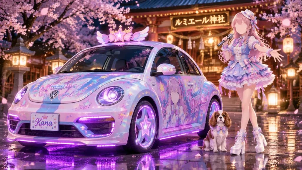 夜色神社前的粉彩偶像痛車