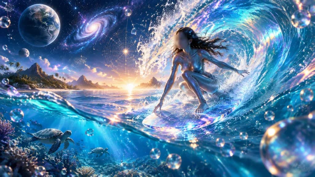 Cosmic Surfer Riding an Iridescent Wave