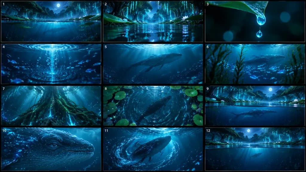 Bioluminescent Wetland Creature Storyboard Sheet