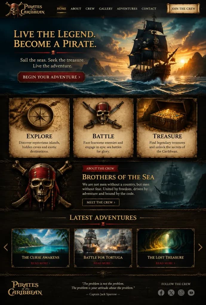 Cinematic Pirate Adventure Landing Page Mockup