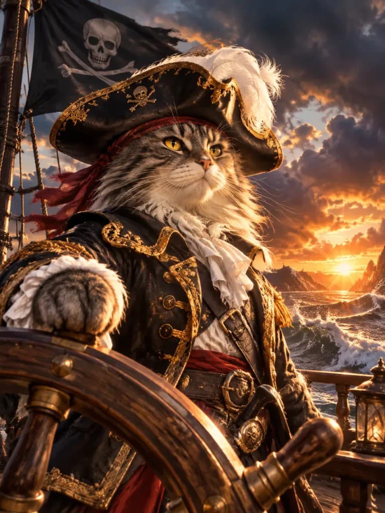 Pirate Cat Captain at Sunset