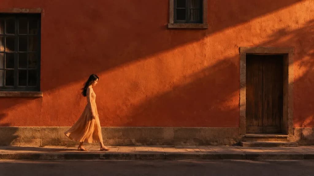 Woman Walking by Terracotta Wall