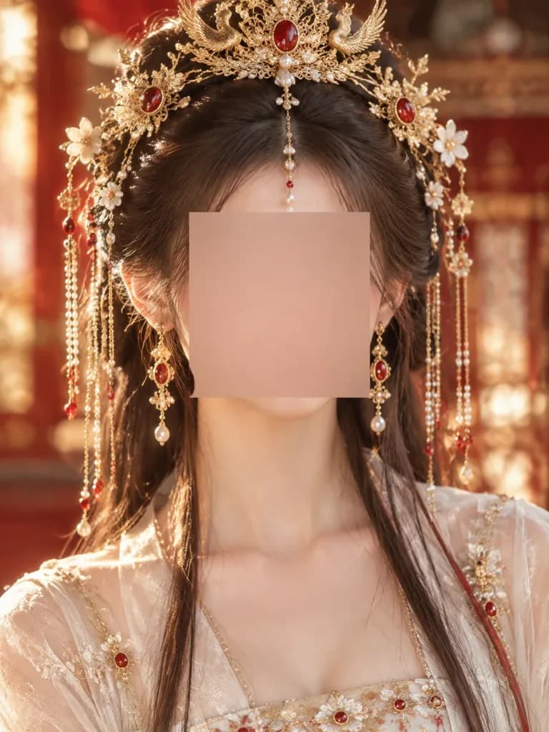가려진 얼굴의 고대 중국 신부 초상화