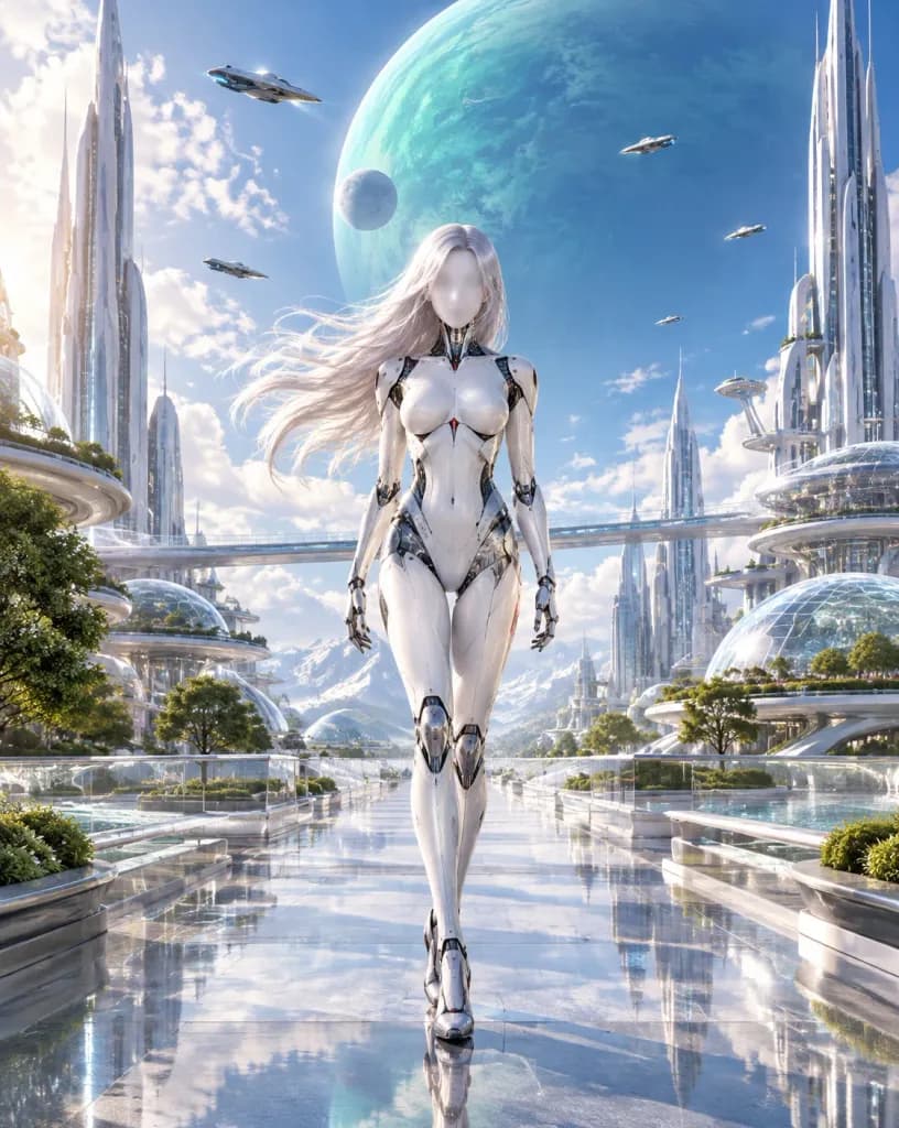 理想郷の宇宙都市に佇む女性型アンドロイド